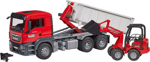Bruder MAN TGS Truck with Roll-off Container and Schaeffer Loader