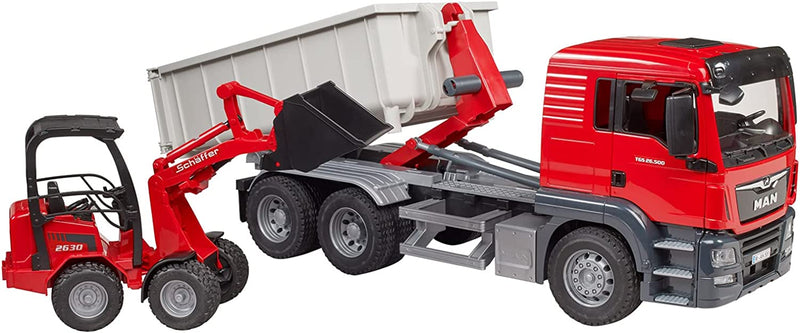 Bruder MAN TGS Truck with Roll-off Container and Schaeffer Loader