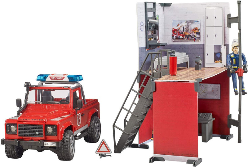 Bruder Firestation with Land Rover, bworld Fireman and Accessories