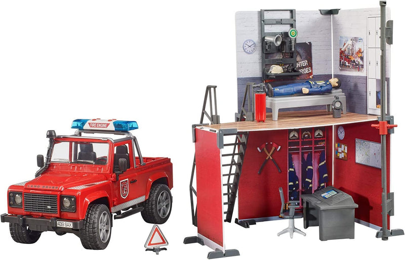 Bruder Firestation with Land Rover, bworld Fireman and Accessories