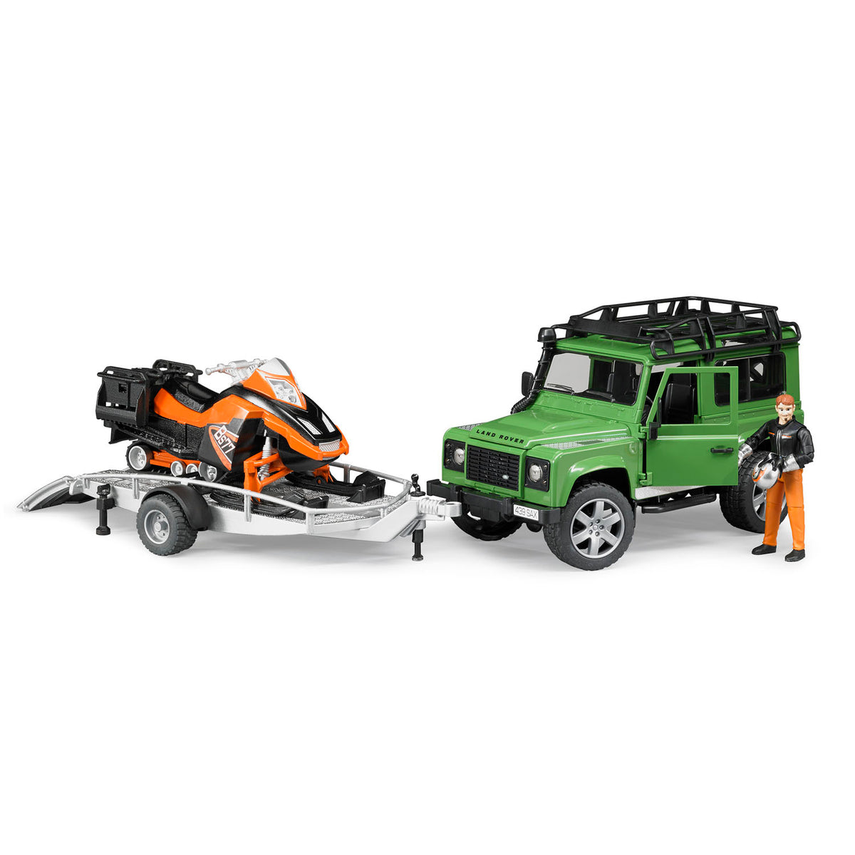 Bruder Land Rover Defender W Trailer, Snowmobile and Driver