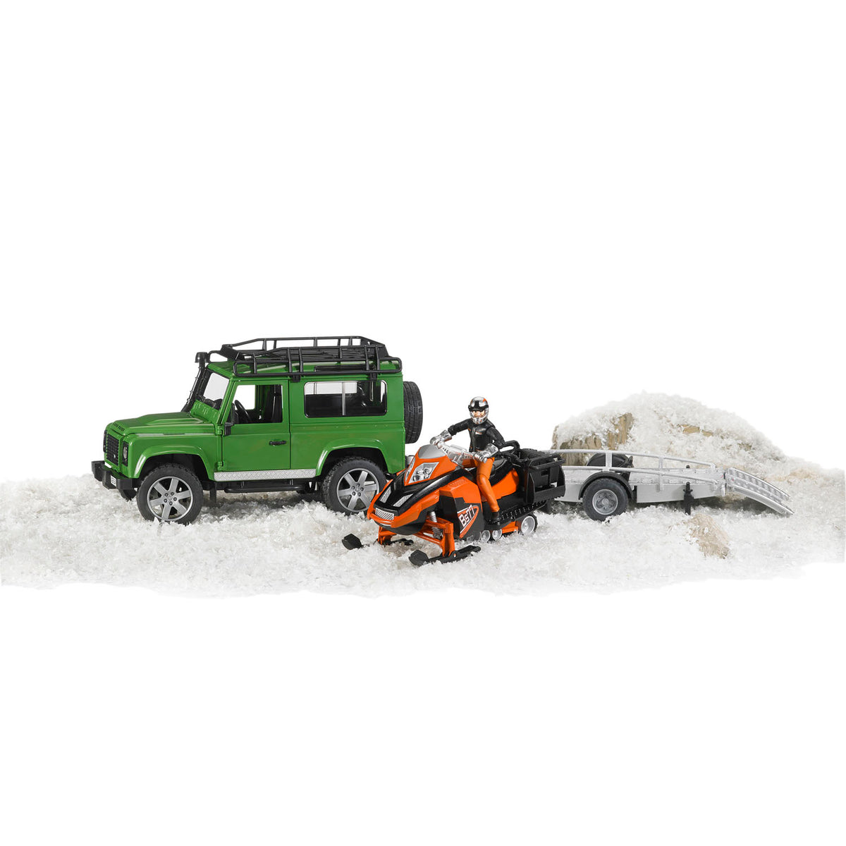 Bruder Land Rover Defender W Trailer, Snowmobile and Driver