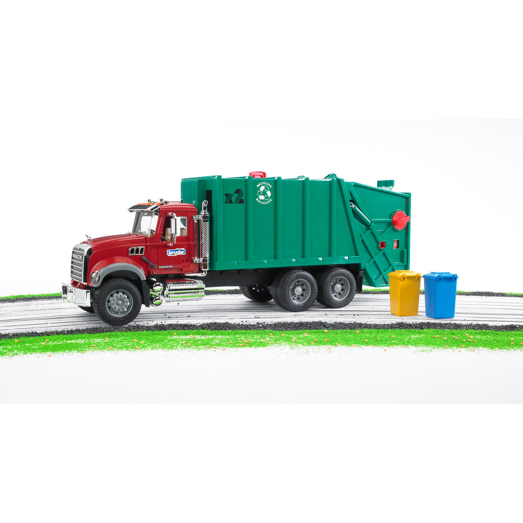 Bruder MACK Granite Garbage Truck, Ruby Red Cab, Green Garbage Box, 02