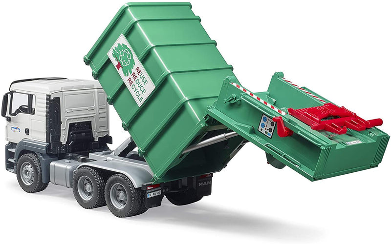 1/16 MAN TGS Rear Loading Garbage Truck, Green By Bruder - Outback Toys